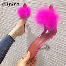 Load image into Gallery viewer, Eilyken 2021 New PVC shoes Woman Feather Transparent High heels Fur Pumps Slippers Women Peep toe Mules Lady Pumps Slides White
