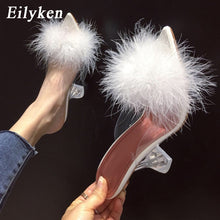 Load image into Gallery viewer, Eilyken 2021 New PVC shoes Woman Feather Transparent High heels Fur Pumps Slippers Women Peep toe Mules Lady Pumps Slides White
