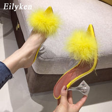 Load image into Gallery viewer, Eilyken 2021 New PVC shoes Woman Feather Transparent High heels Fur Pumps Slippers Women Peep toe Mules Lady Pumps Slides White
