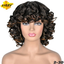 Load image into Gallery viewer, Short Hair Afro Curly Wig With Bangs Loose Synthetic Cosplay Fluffy Shoulder Length Natural Wigs For Black Women Dark Brown 14&quot;
