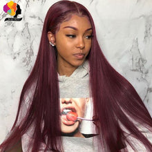 Load image into Gallery viewer, Remyblue 13*1 Lace Front Human Hair Wigs 99J Red Straight Malaysian Remy Human Hair Deep Part Wig Pre Plucked Baby Hair 28 inch
