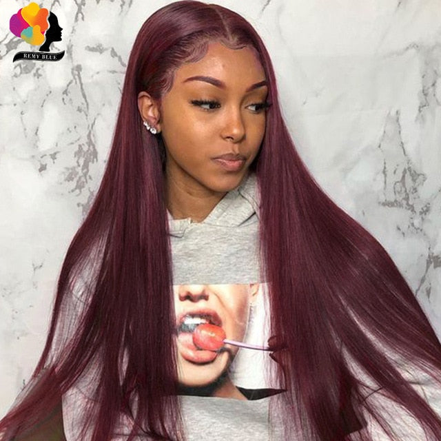 Remyblue 13*1 Lace Front Human Hair Wigs 99J Red Straight Malaysian Remy Human Hair Deep Part Wig Pre Plucked Baby Hair 28 inch