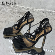 Load image into Gallery viewer, Eilyken 2021 New Sexy Yellow Mesh Pumps Sandals Female Square Toe high heel Lace Up Cross-tied Stiletto hollow Dress shoes
