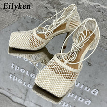 Load image into Gallery viewer, Eilyken 2021 New Sexy Yellow Mesh Pumps Sandals Female Square Toe high heel Lace Up Cross-tied Stiletto hollow Dress shoes
