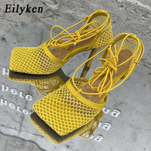 Load image into Gallery viewer, Eilyken 2021 New Sexy Yellow Mesh Pumps Sandals Female Square Toe high heel Lace Up Cross-tied Stiletto hollow Dress shoes
