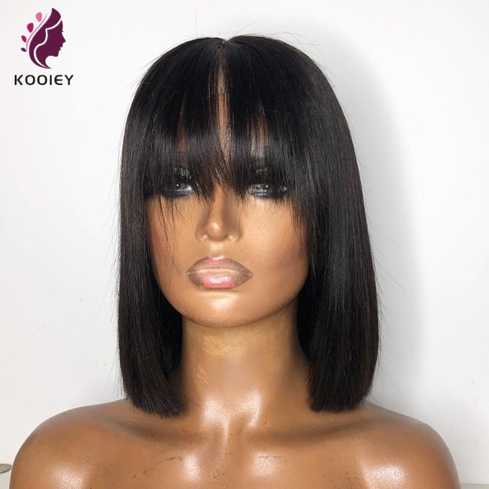 Bang Wig Human Hair Short Bob Human Hair Wigs Straight Lace Front Wig Fringe V 13x4 Lace Frontal Wig Peruvian Remy 130% Density