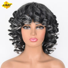 Load image into Gallery viewer, Short Hair Afro Curly Wig With Bangs Loose Synthetic Cosplay Fluffy Shoulder Length Natural Wigs For Black Women Dark Brown 14&quot;
