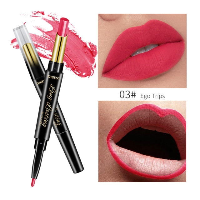 QIBEST 2 In 1 Lipstick Pen Lip Liner Lipstick Pencil Lips Makeup Women Cosmetics Long Lasting Waterproof Matte Lip Pencil