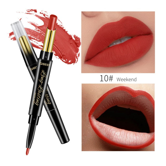 QIBEST 2 In 1 Matte Lipstick Lip Liner Nude Lipliner Makeup Waterproof Lipstick Pen Long Lasting Lip Pencil Makeup Lips Cosmetic