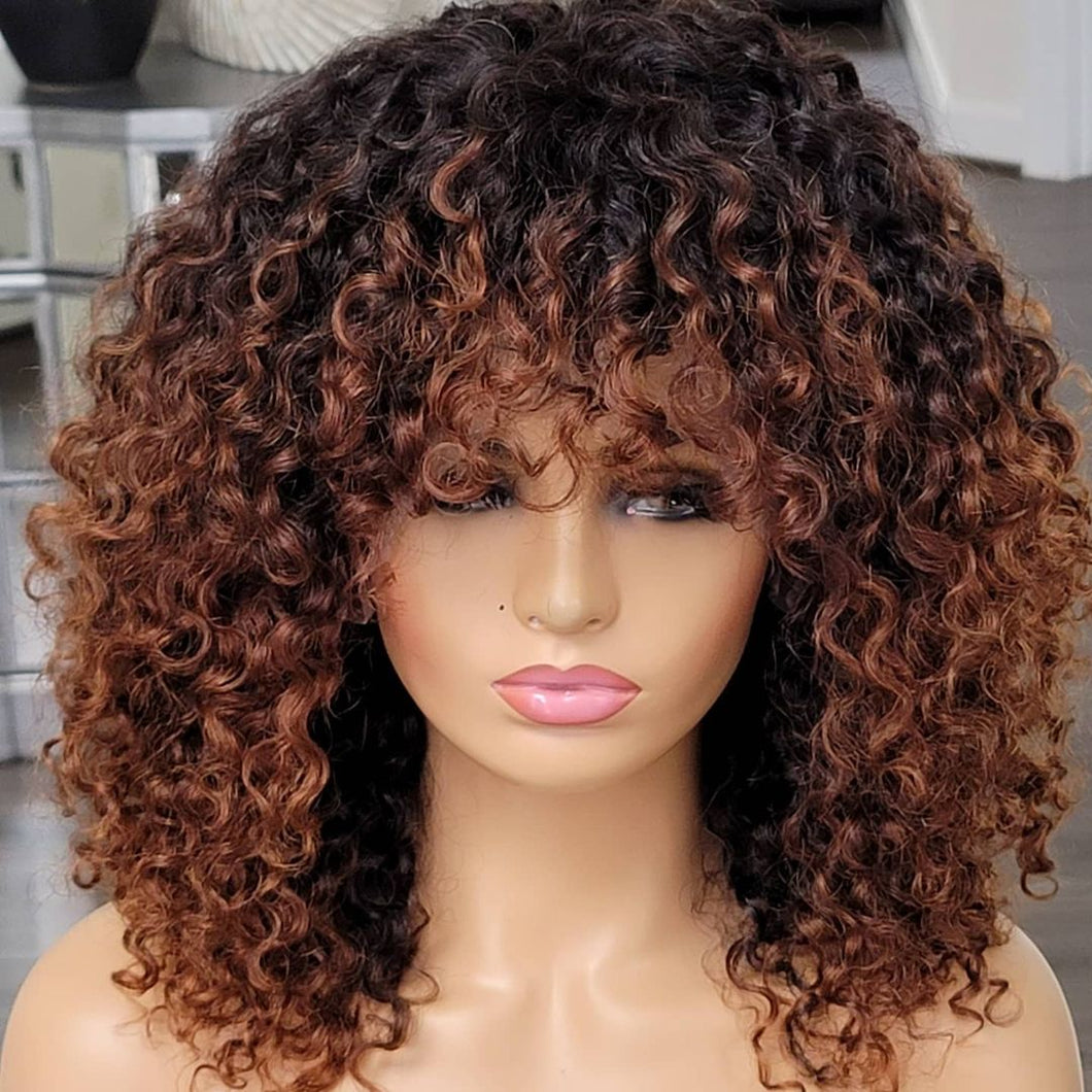 Ombre Honey Blonde Full Machine Wigs With Bangs 1B27 180Denity Jerry Curly Human Hair Wigs For Black Women