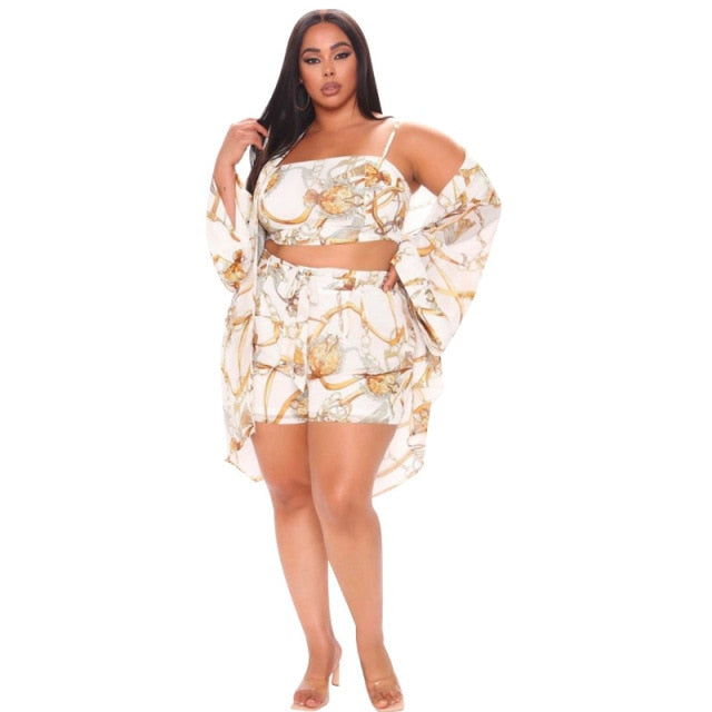 Plus Size Women Casual Three Pieces Sets 2021 Summer High Waist Mini Shorts + Spaghetti Strap Tank Tops + Loose Cardigan Outfits