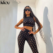 Load image into Gallery viewer, Kliou See Through Hollow Out Two Piece Sets Sexy Women Streetwear Short Sleeve Top+Leggings Skinny Slim Net Plaid Hole Set
