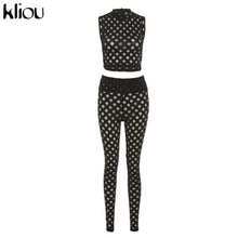 Load image into Gallery viewer, Kliou See Through Hollow Out Two Piece Sets Sexy Women Streetwear Short Sleeve Top+Leggings Skinny Slim Net Plaid Hole Set
