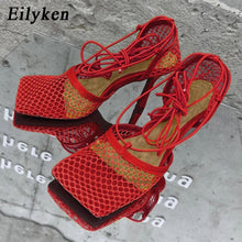 Load image into Gallery viewer, Eilyken 2021 New Sexy Yellow Mesh Pumps Sandals Female Square Toe high heel Lace Up Cross-tied Stiletto hollow Dress shoes
