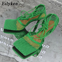 Load image into Gallery viewer, Eilyken 2021 New Sexy Yellow Mesh Pumps Sandals Female Square Toe high heel Lace Up Cross-tied Stiletto hollow Dress shoes
