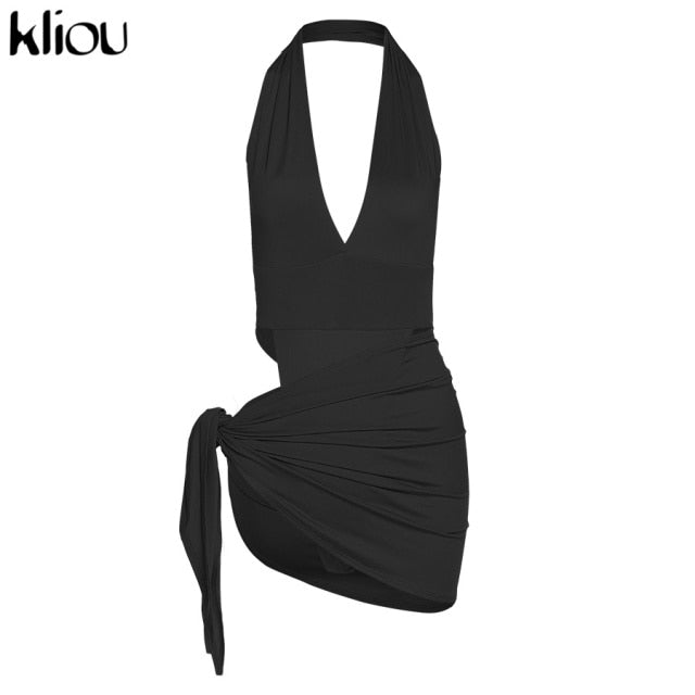 Kliou Solid Deep V sexy Two Piece Sets Midnight Club Halter Top And Skirt Backless Summer Partywear Hollow Out Ruched Women Set