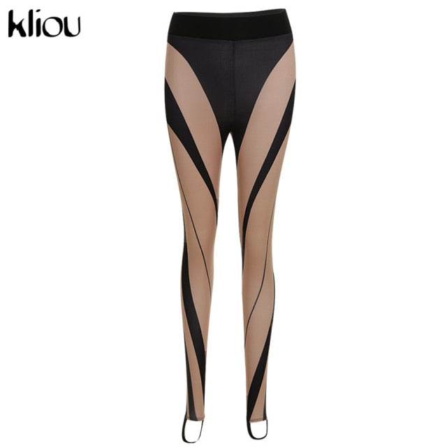 Kliou Striped Hipster Leggings Women Summer Medium Waist Patchwork Trousers Body-shaping Active Party Streetwear Skinny Pants