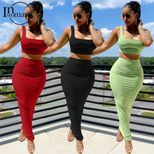 Load image into Gallery viewer, Inwoman Summer Two Piece Set Women Ruched Sexy Club Outfits Flare Mesh Crop Top Black 2 Piece Maxi Skirts Set Matching Sets 2021
