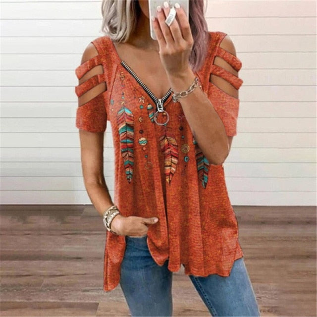 V Neck Zipper Short Sleeve Top Summer Sexy Women Printed Hollow Out T Shirt Fashion Loose Off Shoulder Casual Plus Size Shirts