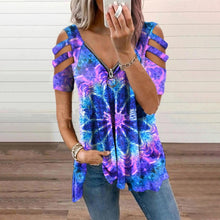 Load image into Gallery viewer, V Neck Zipper Short Sleeve Top Summer Sexy Women Printed Hollow Out T Shirt Fashion Loose Off Shoulder Casual Plus Size Shirts
