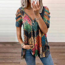 Load image into Gallery viewer, V Neck Zipper Short Sleeve Top Summer Sexy Women Printed Hollow Out T Shirt Fashion Loose Off Shoulder Casual Plus Size Shirts
