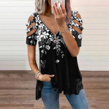 Load image into Gallery viewer, V Neck Zipper Short Sleeve Top Summer Sexy Women Printed Hollow Out T Shirt Fashion Loose Off Shoulder Casual Plus Size Shirts
