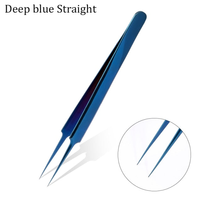 Tweezers Stainless Steel Gold Blue for eyelash extension high-precision eyelash extension tweezers Thin tip