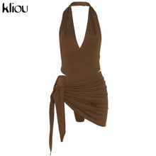 Load image into Gallery viewer, Kliou Solid Deep V sexy Two Piece Sets Midnight Club Halter Top And Skirt Backless Summer Partywear Hollow Out Ruched Women Set
