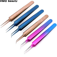 Load image into Gallery viewer, Tweezers Stainless Steel Gold Blue for eyelash extension high-precision eyelash extension tweezers Thin tip
