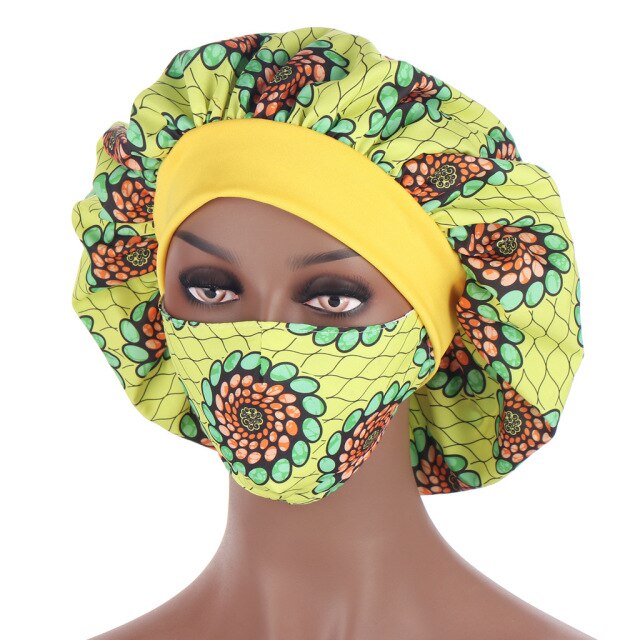 African Pattern Print Satin Bonnet Hijabs Hat Women Night Sleep Cap  with Mask  Turban Extra Large Head Wear Lady Head Wrap Hat