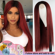 Load image into Gallery viewer, Long Straight Hair Wig Wine Red Synthetic Wig Ladies Natural Hand Middle Heat-resistant Fiber Daily Wig
