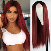 Load image into Gallery viewer, Long Straight Hair Wig Wine Red Synthetic Wig Ladies Natural Hand Middle Heat-resistant Fiber Daily Wig
