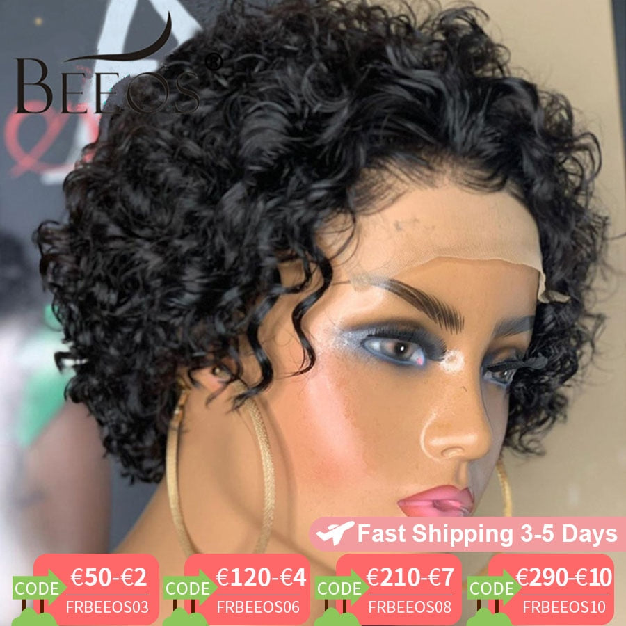 Beeos 250% Pixie Cut Short Curly Wig 4*4 Closure Lace Human Hair Wigs Brazilian Remy 8