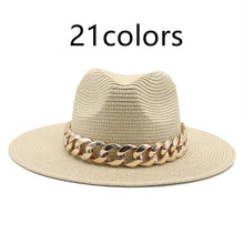 Load image into Gallery viewer, women hats sun hats straw panama big brim gold chain band belt women summer hats spring black khaki beach casual summer men hats
