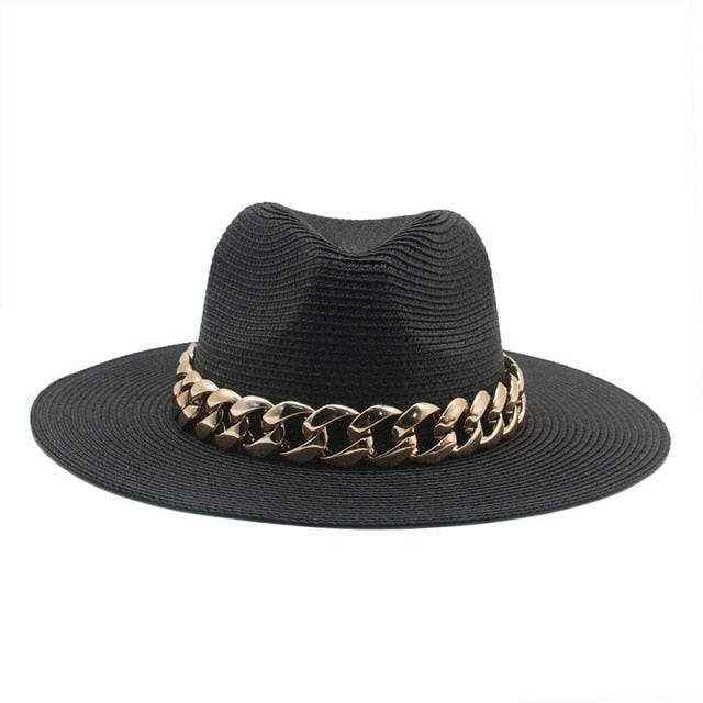 women hats sun hats straw panama big brim gold chain band belt women summer hats spring black khaki beach casual summer men hats