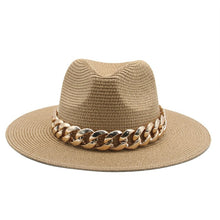 Load image into Gallery viewer, women hats sun hats straw panama big brim gold chain band belt women summer hats spring black khaki beach casual summer men hats
