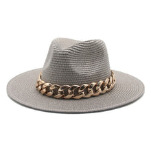 Load image into Gallery viewer, women hats sun hats straw panama big brim gold chain band belt women summer hats spring black khaki beach casual summer men hats
