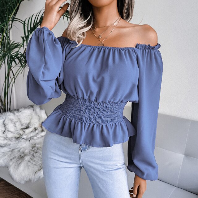 Sexy Women Shirt Blouse Long Sleeve Solid Ruffle Shirt Ladies Tops Blouses Autumn Female Off Shoulder Shirts Casual Lady Top