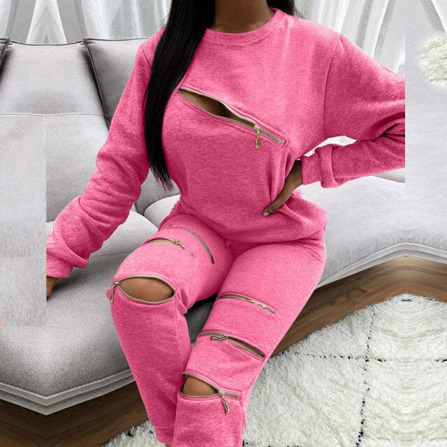 Fashion New Zipper Hollow Out Two-Piece Set Autumn Winter Women Elegant O-Neck Tops And Casual Long Pant Ladies Streetwear Suits