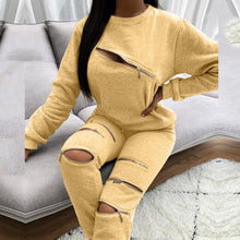 Load image into Gallery viewer, Fashion New Zipper Hollow Out Two-Piece Set Autumn Winter Women Elegant O-Neck Tops And Casual Long Pant Ladies Streetwear Suits
